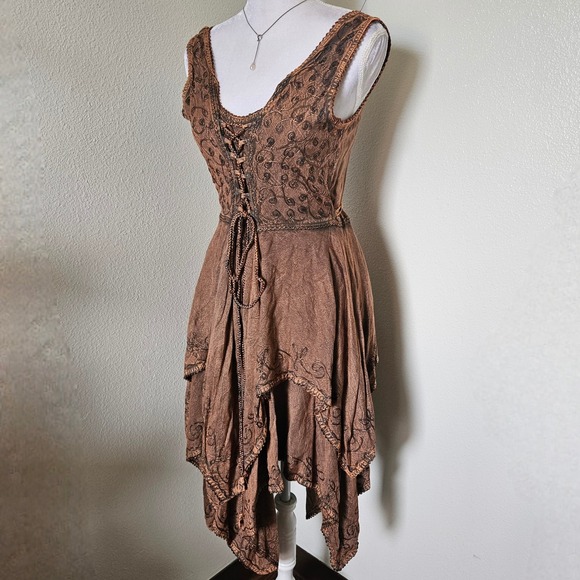 Flower Dresses & Skirts - Flower Brown Boho Embroidered Handkerchief Hem Dress